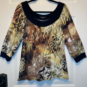 Karen Kane Brown and Tan Animal Jungle Print 3/4 Sleeve Blouse Pullover Sz XL